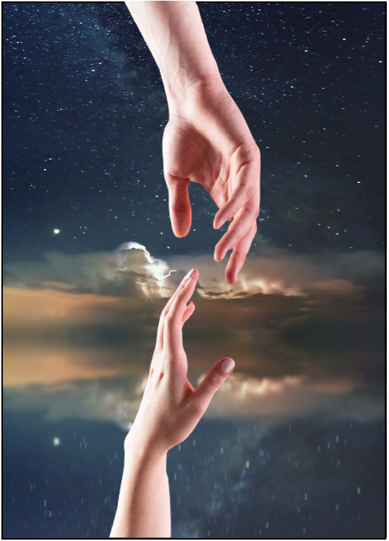 Succor Hands reaching toward each other overlaid on a sea/sky background.